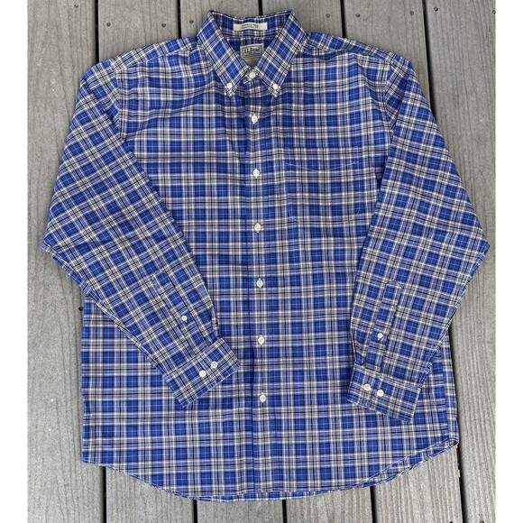 L.L. Bean Wrinkle Free Plaid Button Down Shirt Blue Traditional Fit Men’s L Easy - Picture 2 of 12